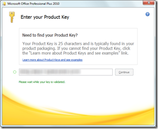 Office 2010 product key validation