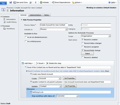 CRM Workflow to create new Account from Contact